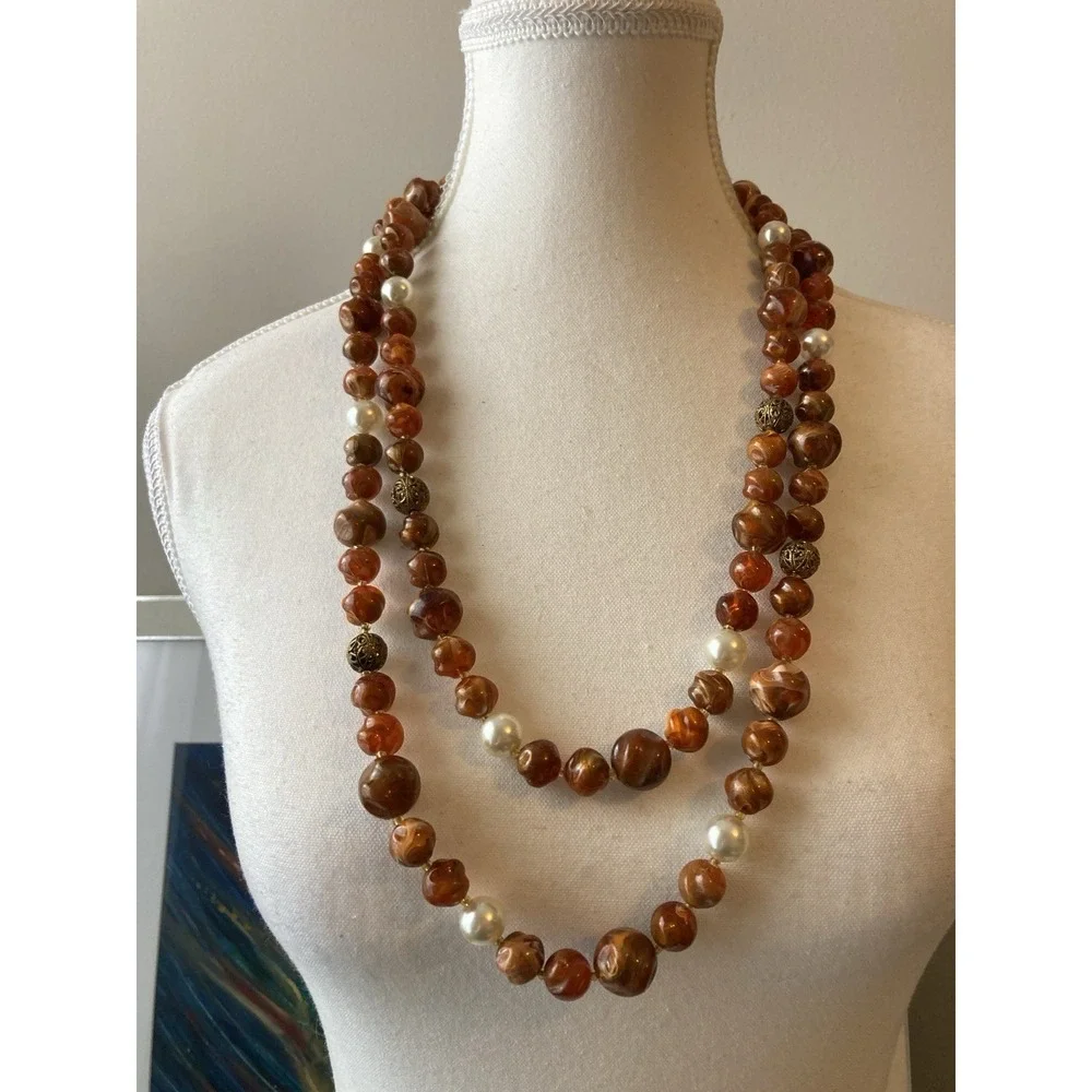 Vintage Double Strand Necklace‎ In Earthy Brown Nugget Bead Faux Pearl Gold Tone